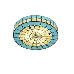 Blue Tiffany Style Ceiling Light, Elegant Stained Glass Flush Mount Ceiling Light, Decorative Round Ceiling Lamp for Bedroom, Living Room, Entryway