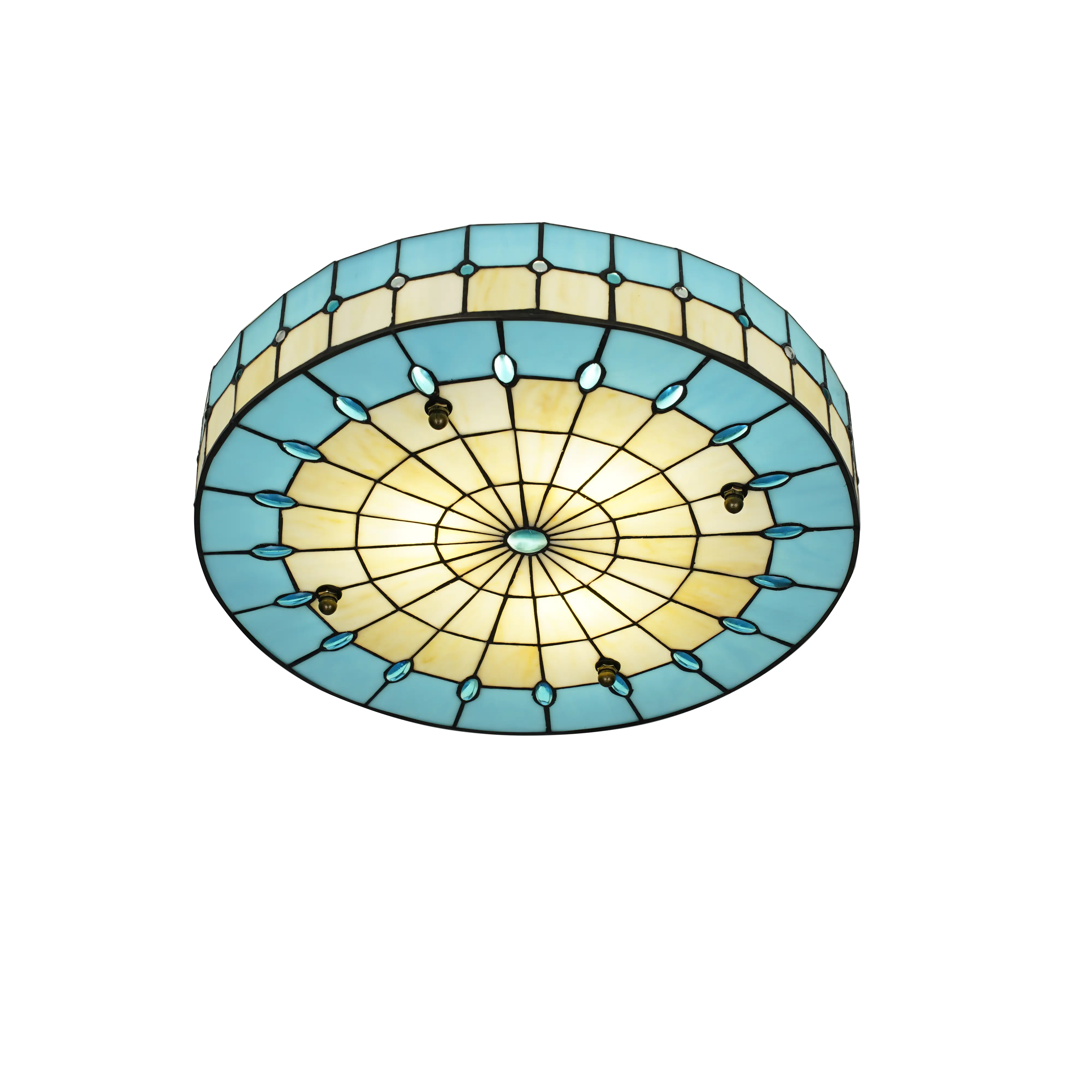 Blue Tiffany Style Ceiling Light, Elegant Stained Glass Flush Mount Ceiling Light, Decorative Round Ceiling Lamp for Bedroom, Living Room, Entryway