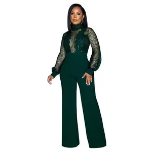 Women's sequined mesh high neck jumpsuit long sleeved transparent tight pants set