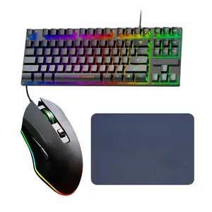 87-Key Gaming Keyboard & Backlit Mouse Combo USB-Wired Rainbow Backlit Keyboard with Silent Mouse for Laptop/PC Gaming & Work