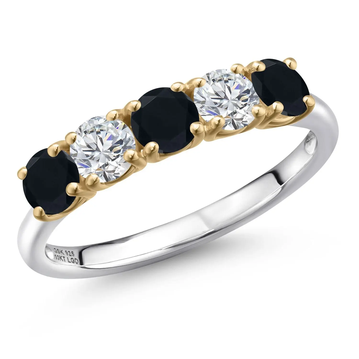 925 Silver and 10K Yellow Gold Black Onyx and Lab Grown Diamond Wedding-Bands Ring For Women | 1.20 Cttw | Round 4MM | Gemstone December Birthstone
