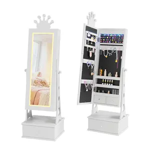 Kids Jewelry Armoire Furniture with Crown Mirror – Full-Length LED Mirror, Spacious Storage Drawers, Safe Non-Toxic Design for Girls 3+