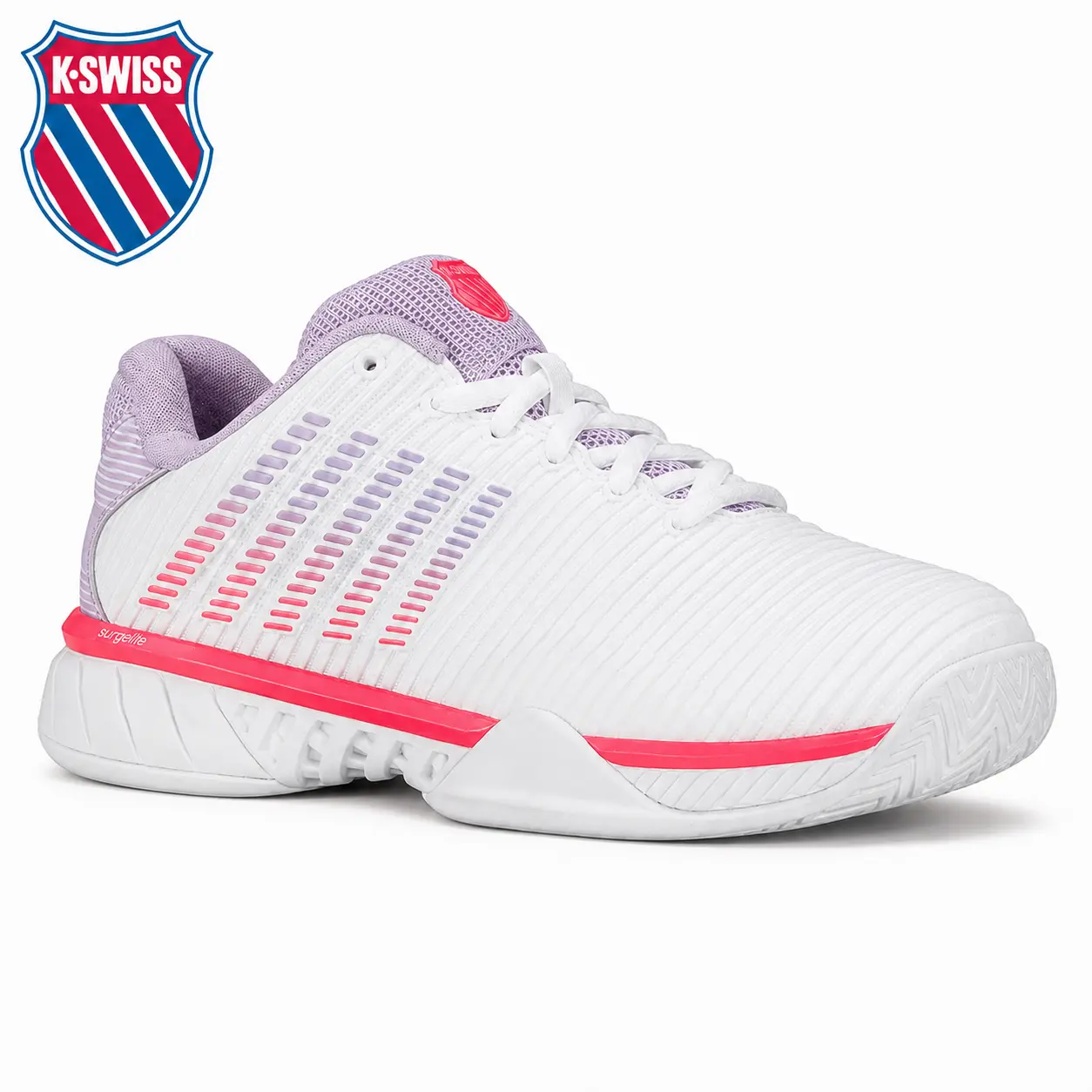 K-Swiss Women's Hypercourt Express 2 Tennis Shoe – White/Orchid Petal/Neon Blaze Lightweight, Breathable and Supportive Court Sneaker