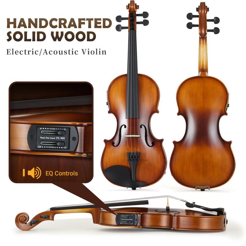 MeloCrest 4/4 Silent Electric Violin - Solid Spruce Top & Maple Back, Carbon Fiber Tailpiece, Ebony Fittings, Starter Kit for Beginners