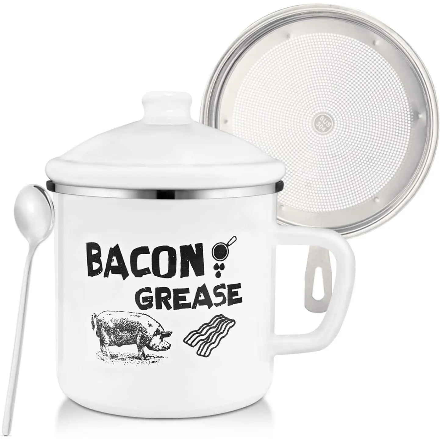 Sturdy Stainless-Steel Grease Holder, 1.5L/46oz Rustic Farmhouse Enamel Fat Container with Strainer, Lid & Spoon for Kitchen Users’ Cooking or Frying Oil Needs