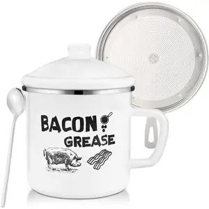 1.5L Bacon Grease Container with Strainer, 46oz Large Enamel Rustic Farmhouse Fat Container With Lid & Spoon, Bacon Grease Keeper for Kitchen Cooking or Frying Oil