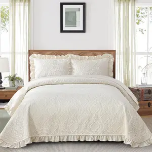 WONGS BEDDING Quilt Bedding Set, Beige Ruffled Lightweight Soft Bedspreads Queen King Size Coverlet, Basket Weave Quilted Blanket Thin Quilt Bed Cover for All Season - 3 Piece (1 Quilt, 2 Pillow Shams)