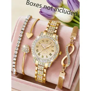 4PCS  Women's quartz watch and eight-character chain bracelet set, suitable for daily essentials, festival gifts, without box