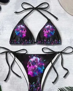 Neon Skull Butterfly Print String Bikini Set Sexy Tie Side Swimsuit Women Halter Triangle Top Brazilian Cut Beachwear Summer Vacation Pool Party Swimwear Trendy Dark Aesthetic Outfit