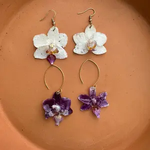 Real Flowers Preserved Mini Orchid Dangle Hook Earrings - Gold-Plated Findings