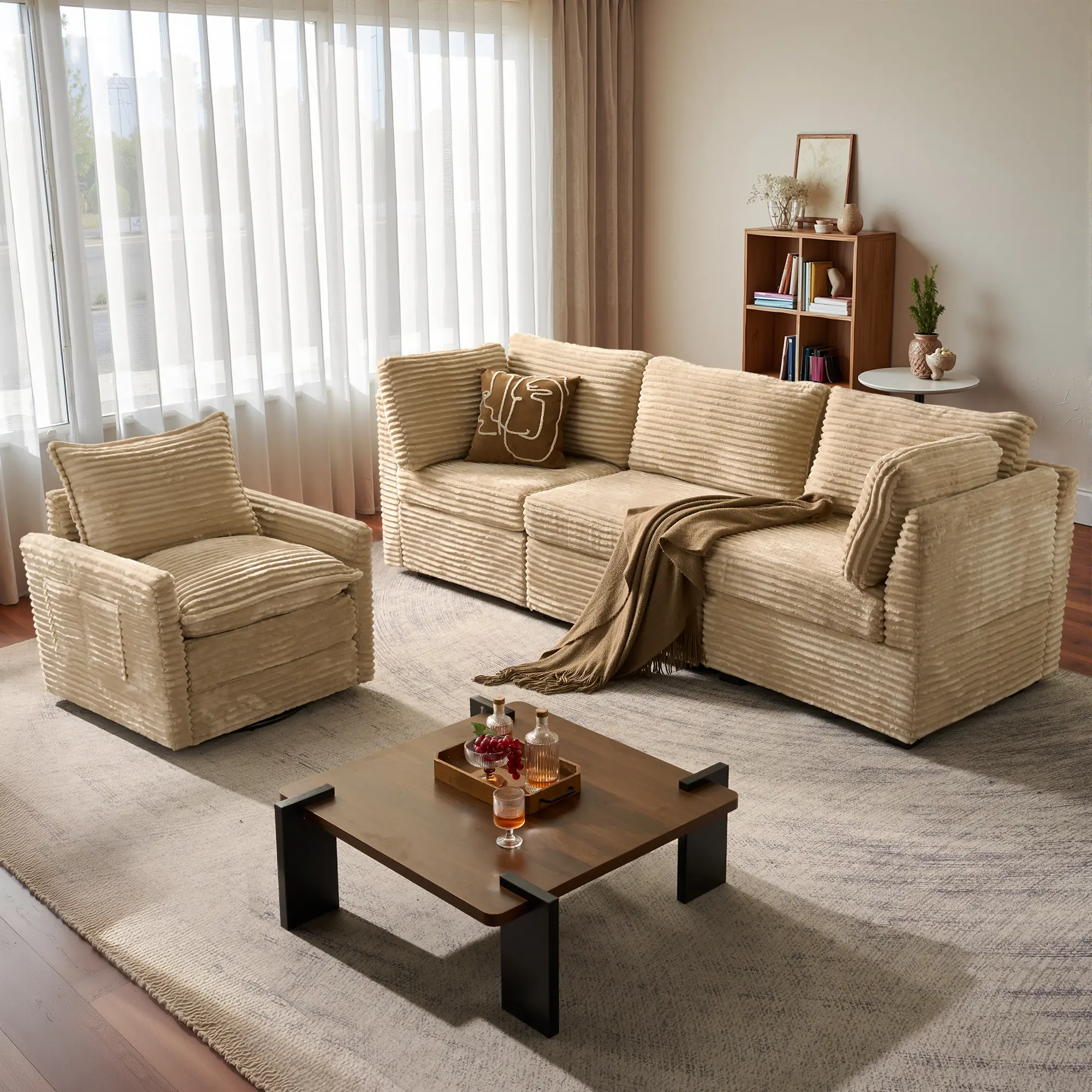 ALLWEX Modular Sectional Sofa, 4-Piece, Plush Fur - Corduroy Upholstery, Convertible Couch with Swivel Chair & Ottoman, Corner and Middle Seats, Hidden Connectors, Customizable Layout for Living Room
