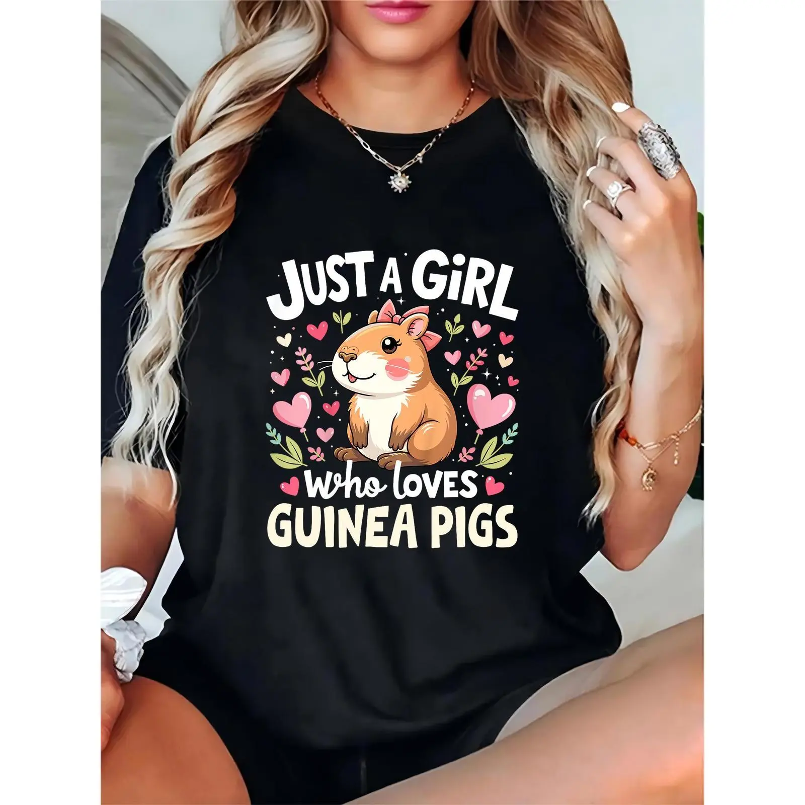 Women's Cute Guinea Pig Graphic T-Shirt - Just A Girl Who Loves Guinea Pigs with Pink Hearts & Bow, Casual Daily/Valentine's Day Top for Guinea Pig Lovers 100% Cotton T-shirt
