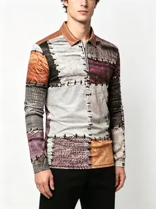 Men's Vintage-Inspired Color Block Long Sleeve Fitted Polo Shirt with Zip Detail - Casual Polyester Pullover for Spring/Fall, Aesthetic