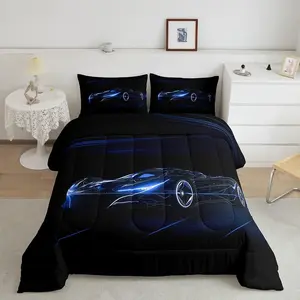 Blue Race Car Bedding Set for Boys Girls Teens,Extreme Sport Games Comforter Set,Fast and Furious Duvet Set,Cool Modern Quilt