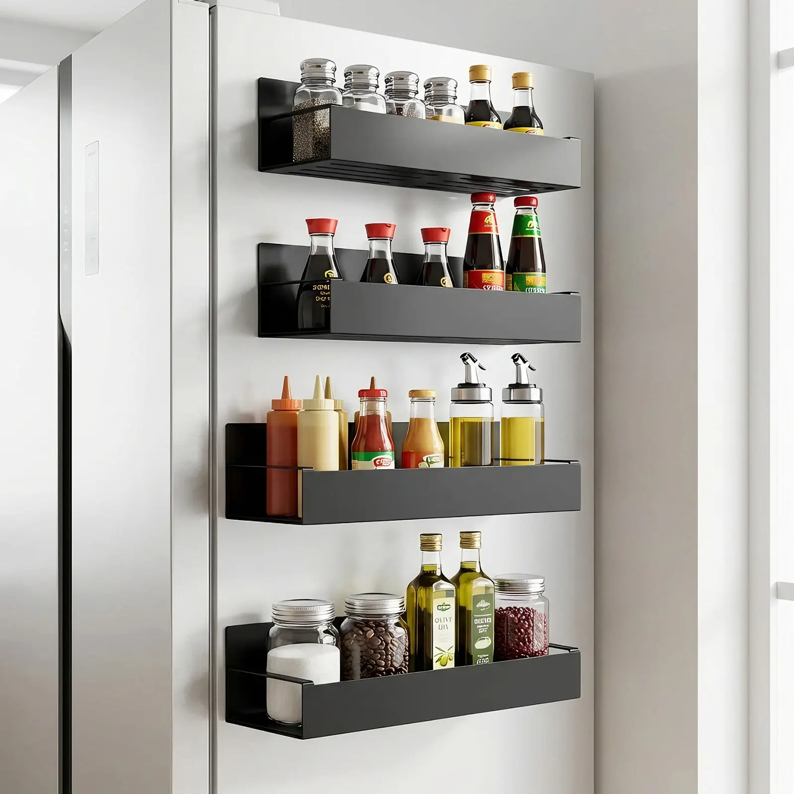 4-Pack Minimalist Black Rust-Free Metal Magnetic Spice Rack for Refrigerator - Refrigerator-Safe, No-Drill Modern Racks & Displays, Kitchen/Pantry Organizer Shelf