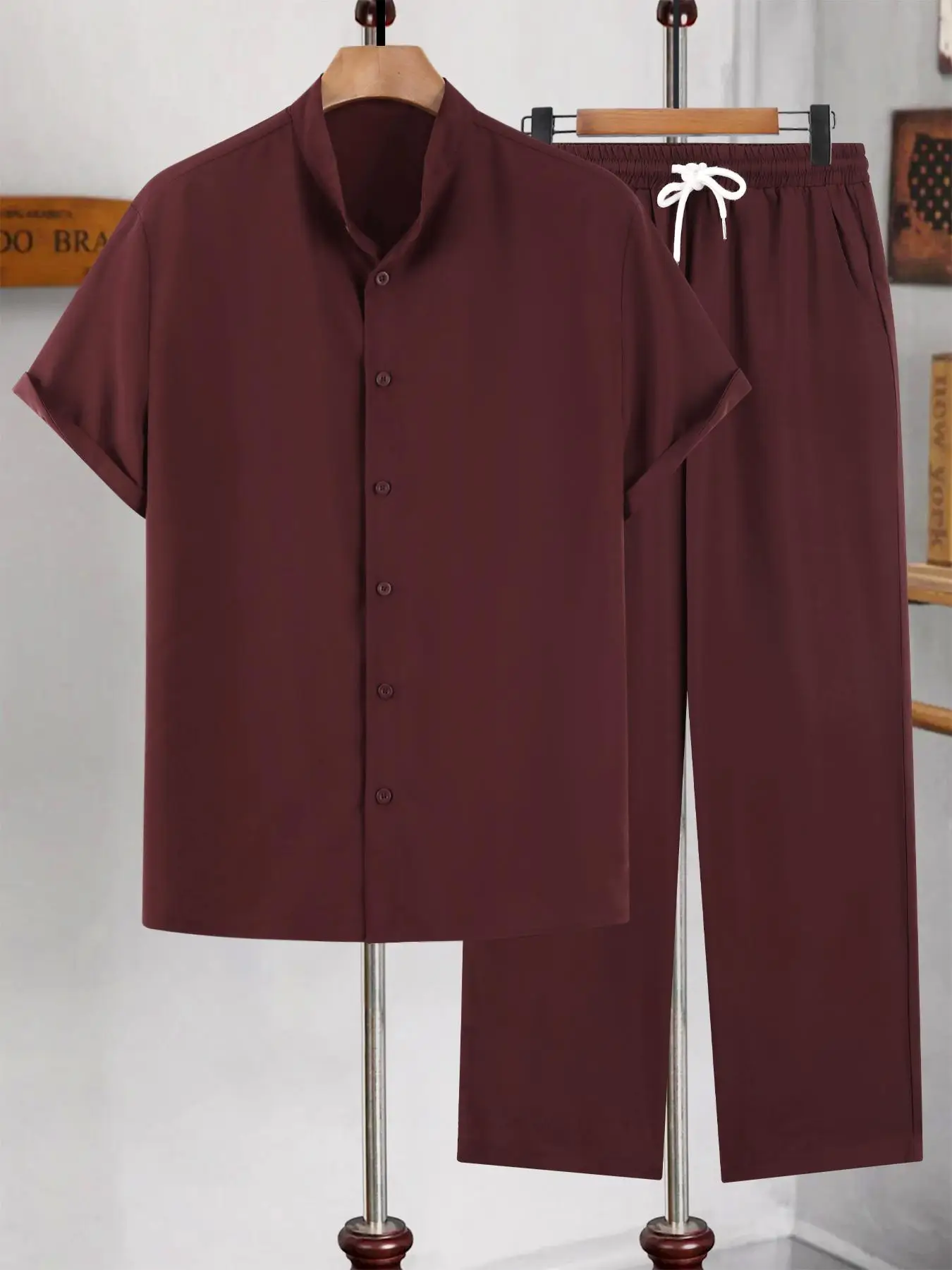 Men's Loose Thin Solid Print Shirt & Drawstring Pocket Pants Set, Full Sets Men Outfit, Short Sleeve Button Down Plain Collared Shirt & Trousers, Summ