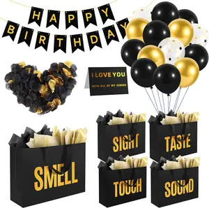 5 Senses Gift Bags For Him With Labels Tissue Paper And Handles, Comes With Birthday Decoration Rose Petals And Happy Birthday Banner Balloons(Black Gold, 12.6 x 8.7 x 4 inch)