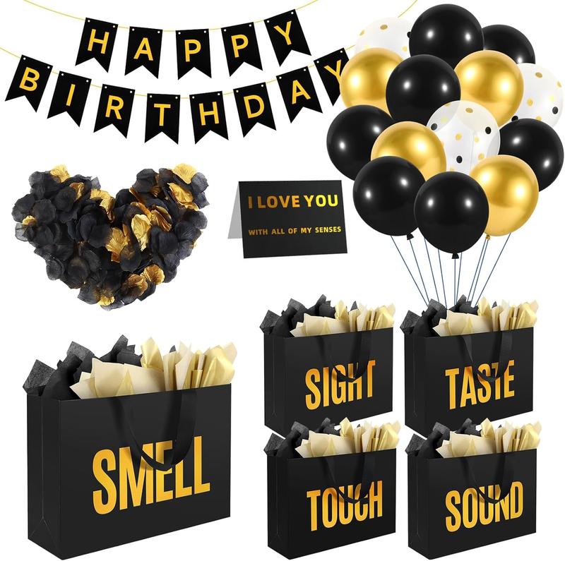 5 Senses Gift Bags For Him With Labels Tissue Paper And Handles, Comes With Birthday Decoration Rose Petals And Happy Birthday Banner Balloons(Black Gold, 12.6 x 8.7 x 4 inch)