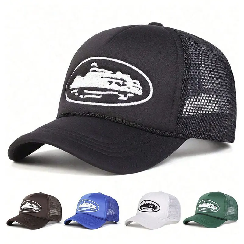 Embroidered Rope Trucker Hat, Breathable Mesh Baseball Cap, Men Women Outdoor Travel Sun Protection Adjustable Curved Brim Net Cap