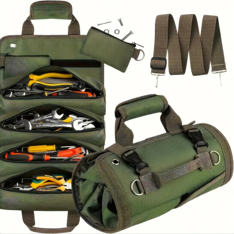 Roll-Up Hardware Tool Storage Bag, Tool Bag Organizer, Portable Tool Bag, Tool Pouch, Tool Organizing Bag, Waterproof Electrician Bag with 6 pockets, Removable and Adjustable, Suitable for Electrician's, Carpenter's and Construction Worker's Tool