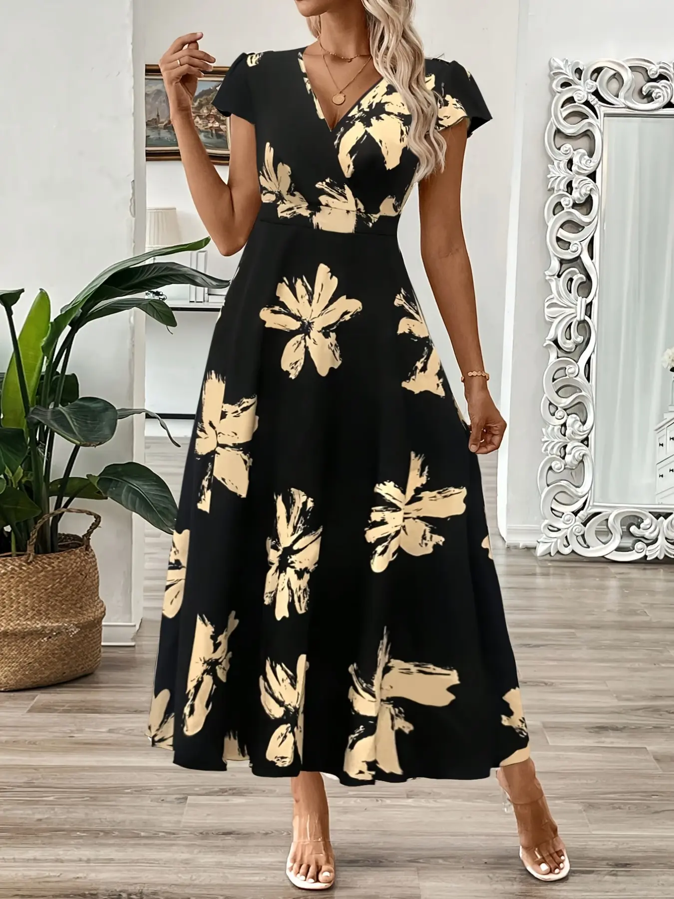 Women's Floral Print Vneck Waist Cinching Dress, Boho Fashion Ruched, Elegant Chic Casual Wear, Perfect for Spring & Fall, Boho Sundresses, Bohemian Chic Dress, Stylish Ladies' Clothing