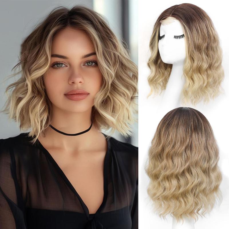 Ombre Blonde Short Wavy Wig for Women Lace Hairline Bob Style Synthetic Heat Resistant - Natural Appearance for Everyday Hairstyle 14 Inch