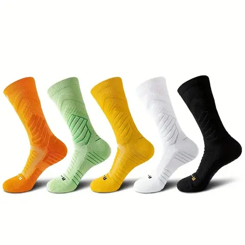Mqamex Adults' Cotton Crewsocks (5-Pair, Size 9-12) - Jacquard, Cushioned Knit, Moisture-Wicking, Anti-Skid, Breathable, Arch Support Sports Socks for Basketball, Running, Machine Washable, Athletic Performance, Cotton Washed, Heavy Duty Protection,sohoch