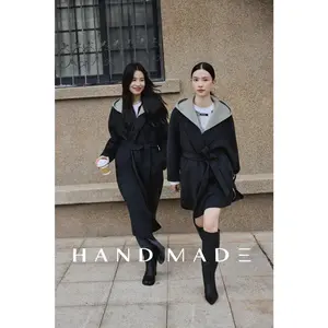Long length Detachable hooded  with color block in Double-Face Wool-Cashmere coat
