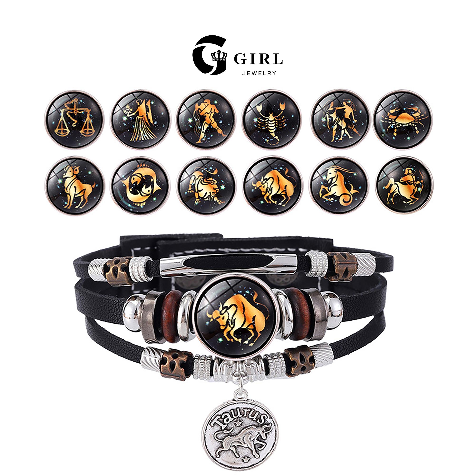 GGIRL 12 Constellation Vintage Bracelet for Men Women Braided Punk Leather Bracelets Gift Glow in The Dark Bracelet
