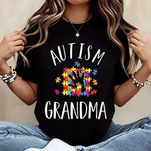 Casual Autism Awareness Grandma Puzzle Pieces Print T Shirt Loose Fit Top for Women Daily Wear