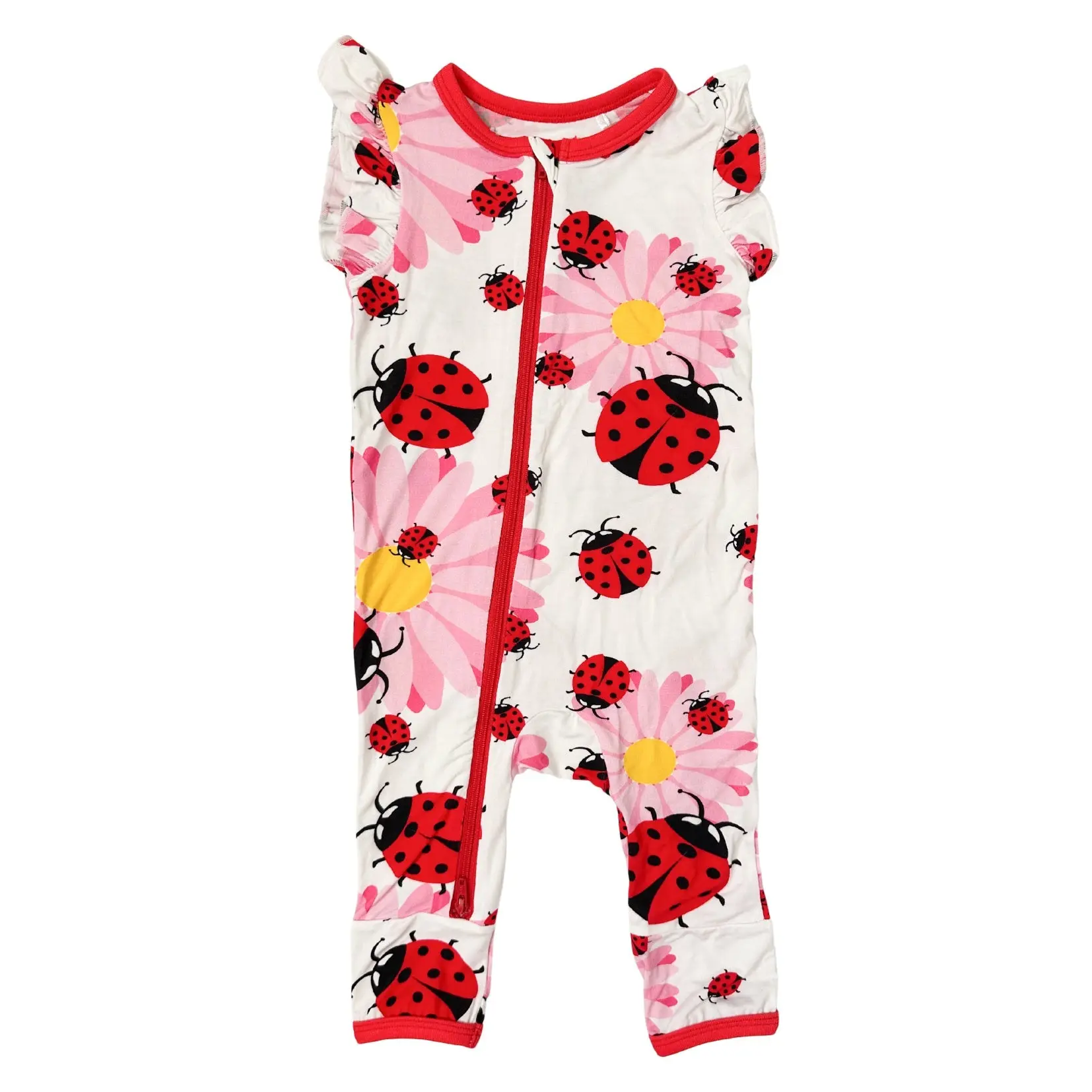 Bestaroo Ladybug Romper Bamboo Baby Coverall, Short Sleeve, Dual 2-Way Zipper, Soft Stretch 93% Bamboo/7% Spandex, Snug Fit