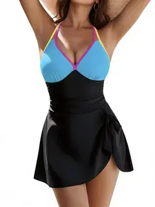 Beach vacation blue background contrasting cross back swimsuit blue contrasting back strap swimsuit skirt design Bodycon Swimsuit