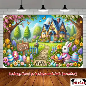 2D Flat Banner 1pc, Charming Easter Bunny Cottage Banner,   Backdrop Cloth, Versatile Party Decor Home, Garden, Studio, Garage, Photo Booth, Outdoor Celebrations, No Electricity Needed, Fits Wedding, Birthday,
