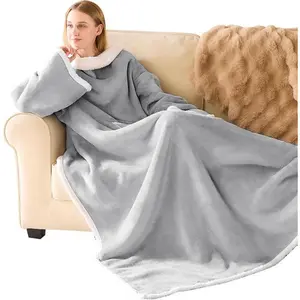 Sherpa Wearable Blanket with Sleeves for Women Men Adults, Cozy Wearable Blanket with Arm and Pocket, Warm Full  TV Wrap Throw Blanket, Soft Robe Blanket as Gifts for Mom Wife, Grey