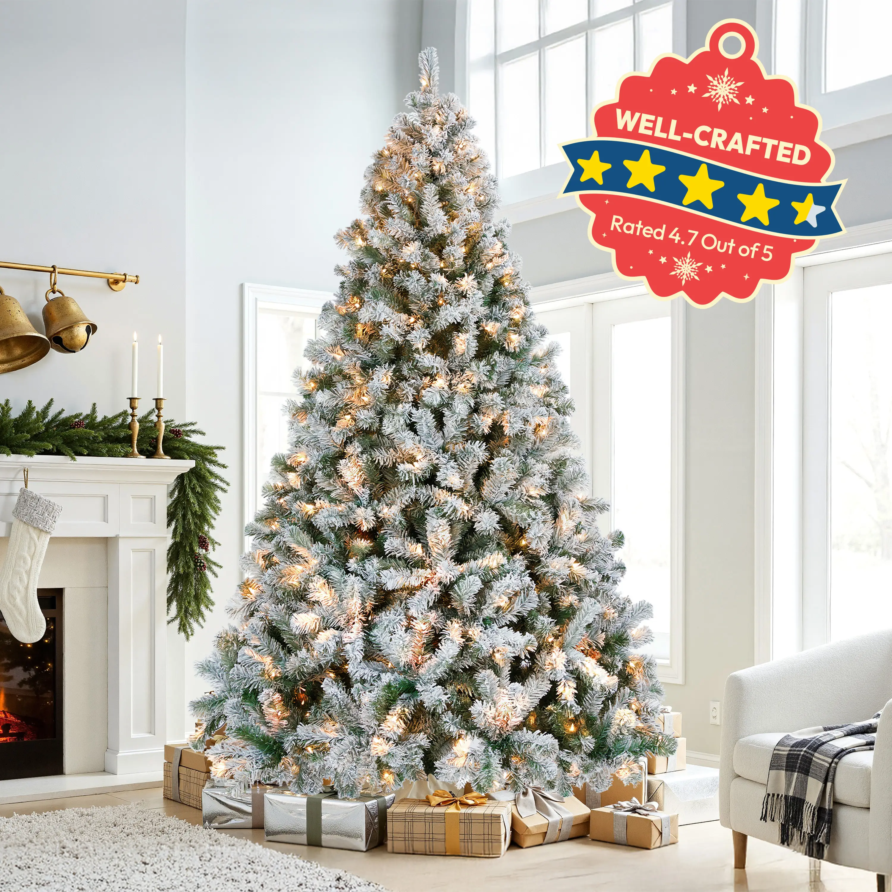 【Lush & Full】Yaheetech Pre-lit Artificial Christmas Tree with Incandescent Warm White Lights, Snow Flocked Full Prelighted Xmas Tree W/820 Branch Tip