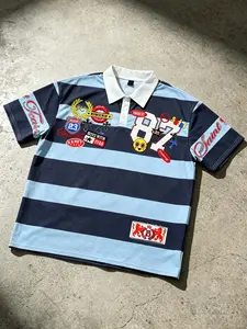 Spring Summer Fashion Retro 87 Number Letter Print Striped Street Style Polo Short Sleeve T-Shirt, Loose-Fit Long Top, All Seasons, Printed Polo Tops, Streetwear, Vintage, Casual