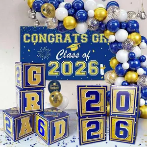 Graduation Decorations Class of 2026 Navy Blue and Gold, 2026 GRAD Balloon Boxes with Letters, Balloon Garland Kit, Congrats Grad Banner, Photo Backdrop for High School & College Party Supplies