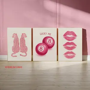 3-piece set: Pink leopard-print wall art, trendy leopard-print wall decor, Leopard Print Decoration, cute pink cherry-lip poster, Lucky No. 8 ball, Y2K-style artwork. Perfect for decorating girls' bedrooms and dorm rooms. 2D, frameless.