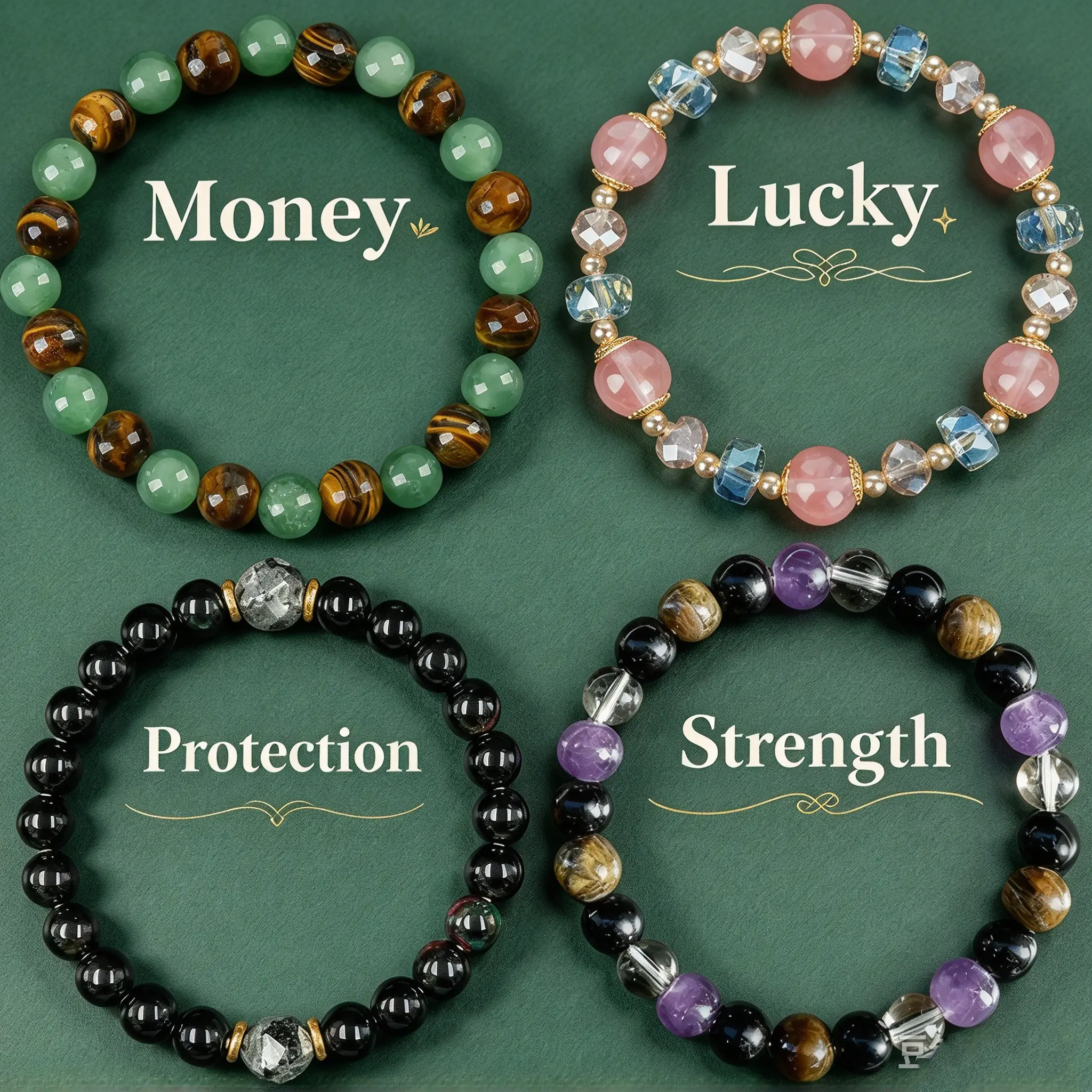 Spiritual Healing Crystal Bracelet Gift Set for Women - 4Pcs Stackable Beaded Bracelets | Protection Good Luck Money Attraction | Tiger Eye Obsidian Tourmaline | Unique Gift for Her Daily Wear