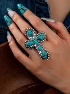Blue Color Turquoise Stone Decor Cross Ring for Women - Elegant Jewelry with Turquoise Stones and Cross Design