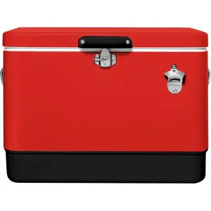 FSE Hard-Sided 54 Qt. / 80 Can Metal Cooler, Two-Tone, Durable Outdoor Beverage Cooler with Latch Closure, Plastic Lining, Side Handles, Portable Tailgating and Camping Ice Chest