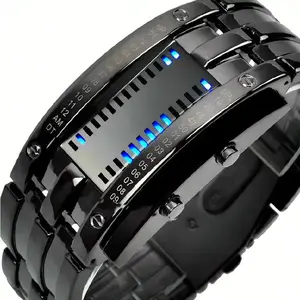 Men's Cool Binary Watch Stainless Steel LED Bracelet Watch Stylish Blue Light Sport Watch Vacuum plated black