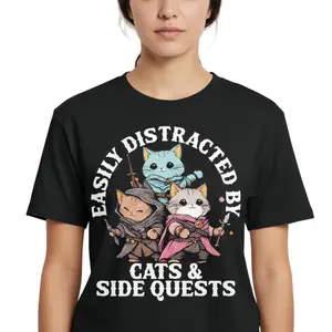 Easily Distracted by Cats and Side Quests T-Shirt Funny RPG Gamer Graphic Tee DND Lovers Gift Retro Fantasy Adventure Cat Apparel Unisex Soft Cotton Gaming Shirt Harajuku Streetwear Top Black