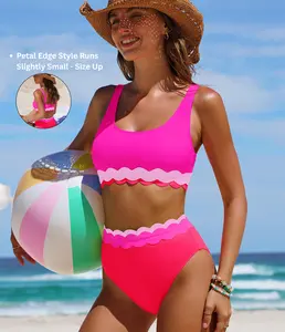 【Run Small - Sizing Up】Popvil Resort Petal Edge High-Waisted Slimming Bikini Set Vacation Scalloped Trim Bikini Set for Women