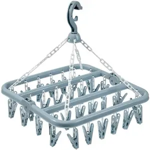 Plastic Clothes Drying Hanger, 32-Clips Foldable Drip Hanging Rack (Light Blue)
