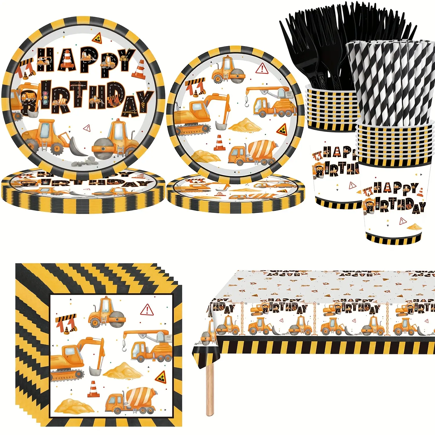 145-Piece Durable Disposable Building-Themed Birthday Party Tableware Set - Plastic Trays, Napkins, Forks, Disposable Cups, Straws, Tablecloths, Fun and Festive Design for Construction Party Supplies