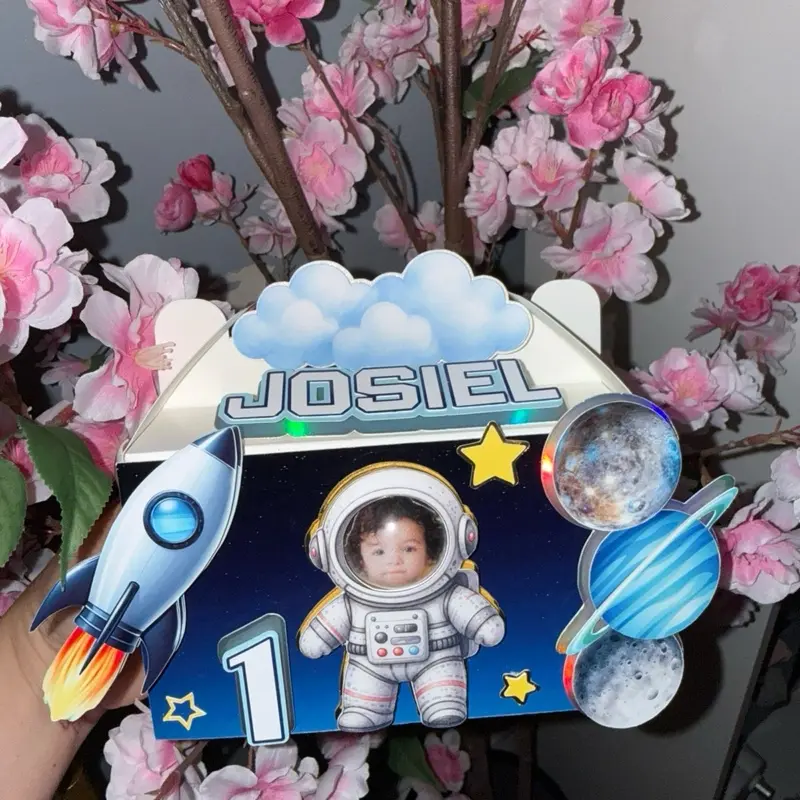 Custom Space Theme Snack Gift Box - Personalized Astronaut Birthday Party Favor, Rocket & Planet Candy Box for Boys