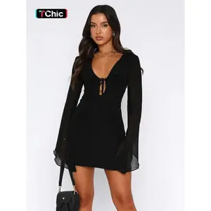 Women's Plain Ruffle Trim Tie Front Sheer Chiffon Dress, Elegant Deep V Neck Flounce Sleeve Bodycon Dress for Party Holiday Wedding Guest, Ladies Fall Clothes Valentine's Day, gift, Womenswear