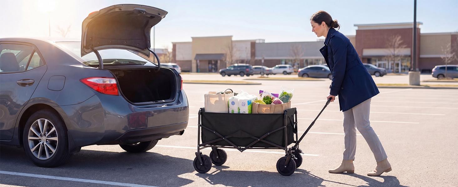 Sweetcrispy Collapsible Folding Wagon - Oxford Cloth Quick-Fold Utility Cart, 102L Large Capacity, 330 lbs Heavy-Duty Trolley with Wheels & Flexible Handle for Outdoor Camping, Grocery Shopping