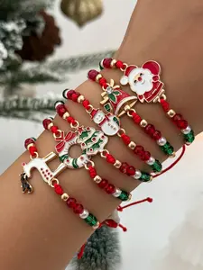 Set of 6 Christmas Beaded Bracelets, Santa Reindeer Bell Tree Crystal Designs, Fashionable Gift for Women, Perfect for All Seasons Decoration